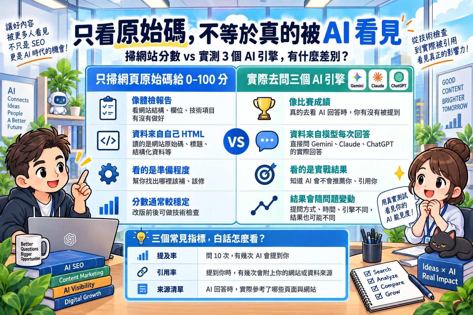 AI 能見度監測工具的兩種類型對照:只看原始碼,不等於真的被 AI 看見
