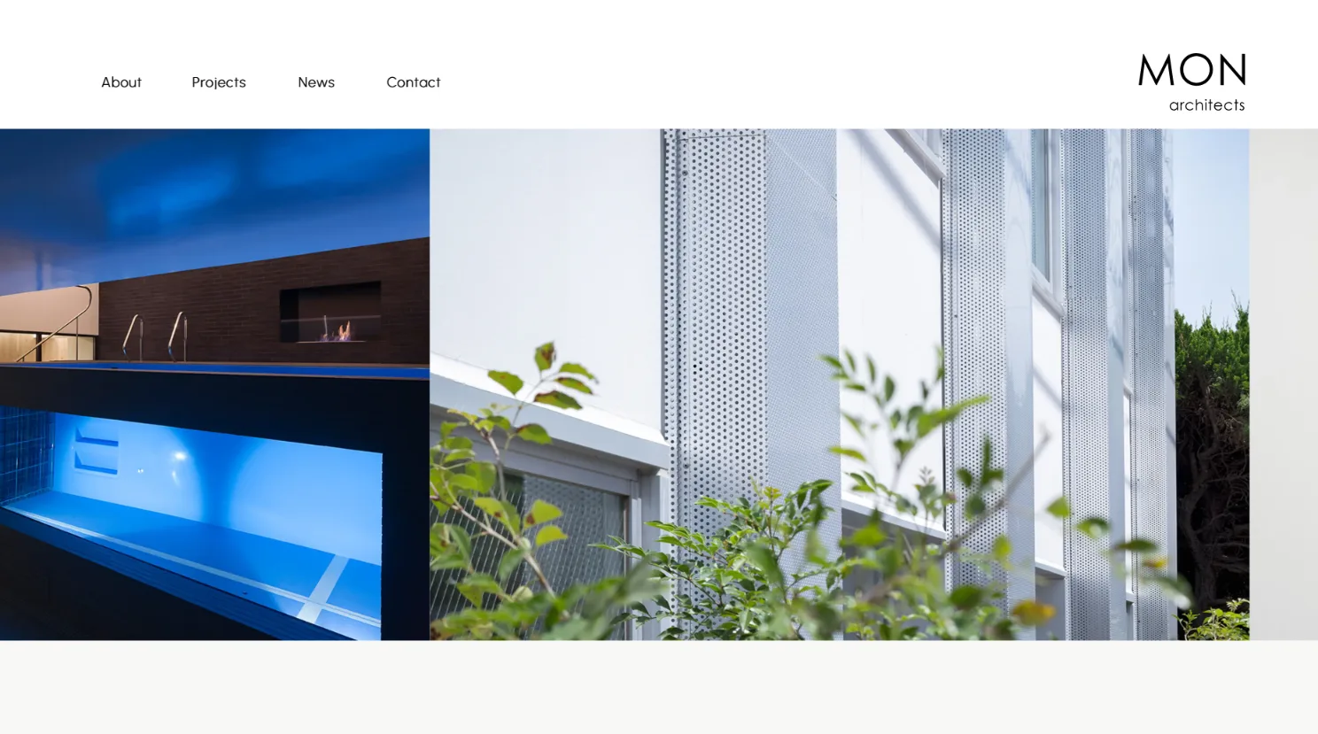 MON architects 的 about 頁，右側三個頁內錨點連到理念、建築家與公司概要