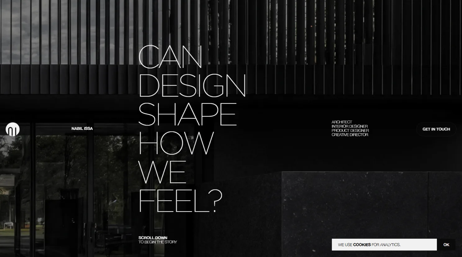 Nabil Issa 官網首頁，大標 CAN DESIGN SHAPE HOW WE FEEL 與捲動提示
