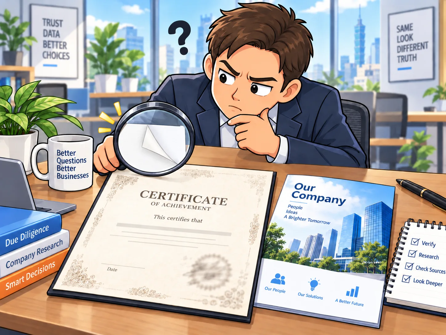 老闆拿放大鏡檢查空白的得獎證書與公司簡介，示意 AI 講的公司資訊要自己查核