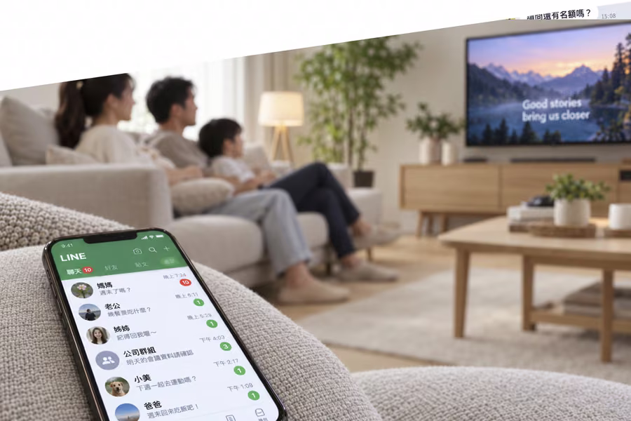 一家人晚上在客廳,手機上的 LINE 訊息未讀