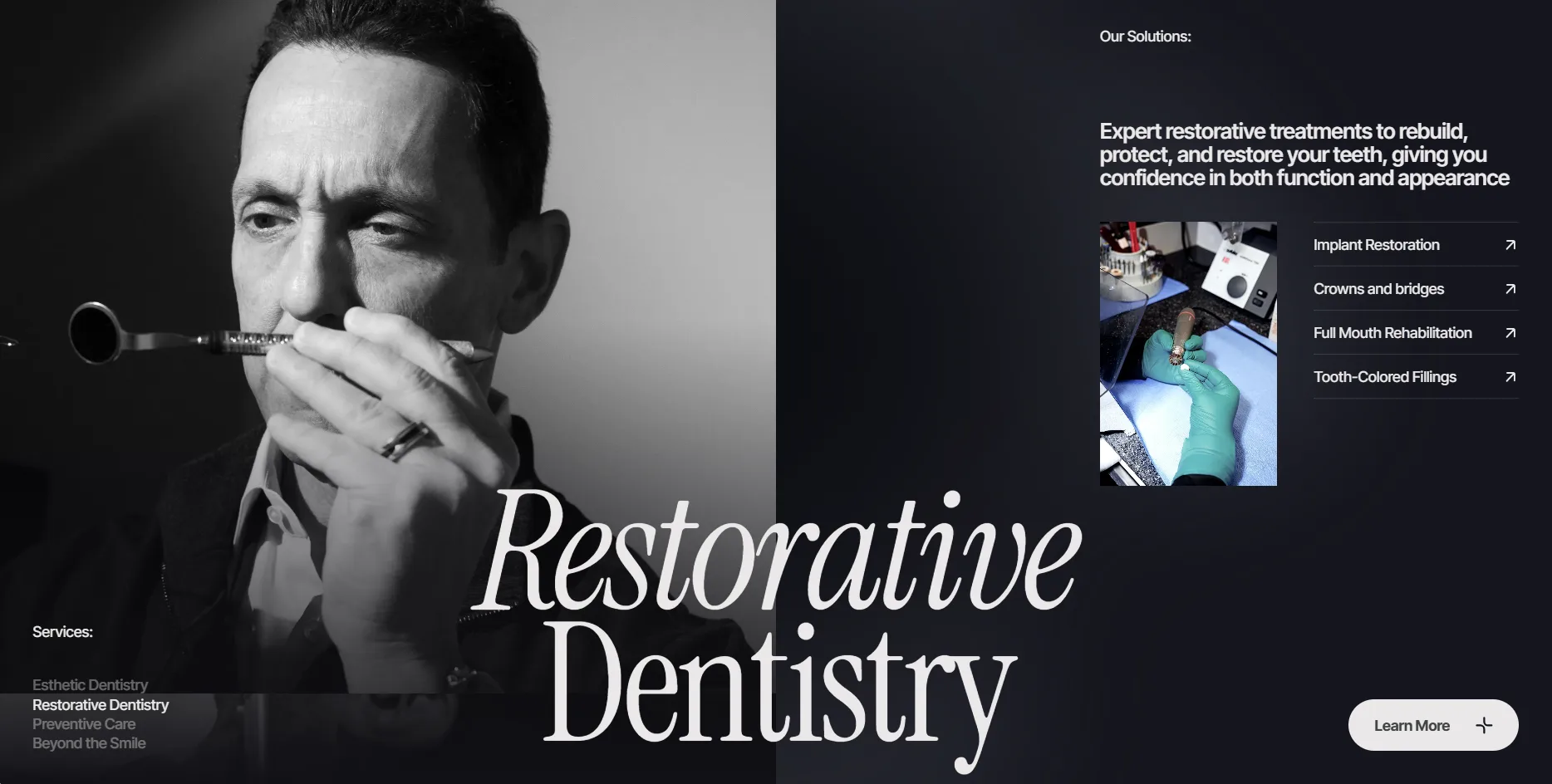 Aventura Dental Arts 的修復牙科區，黑白醫師特寫配深色底，右側列出四個療程連結