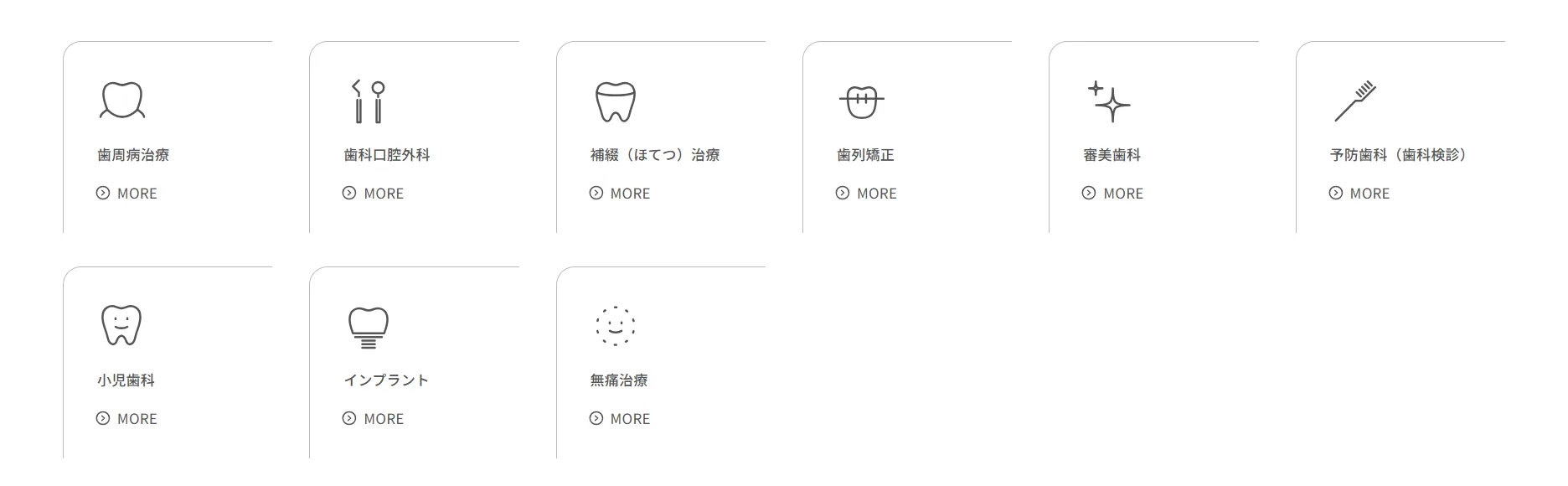 大塚歯科医院的診療科目區，九個線條圖示卡片只有名稱與 MORE 連結，沒有任何說明文字