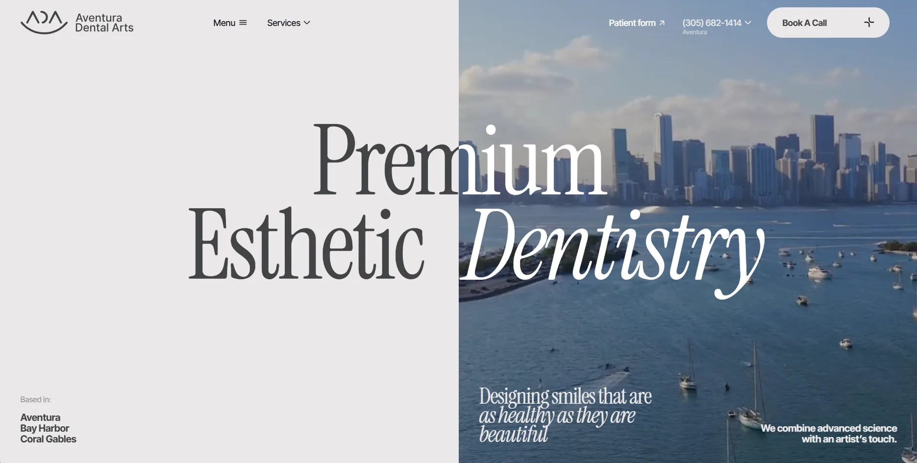 美國 Aventura Dental Arts 首頁，左半淡灰底大襯線字標題，右半邁阿密海灣空拍影片，右上是 Book A Call