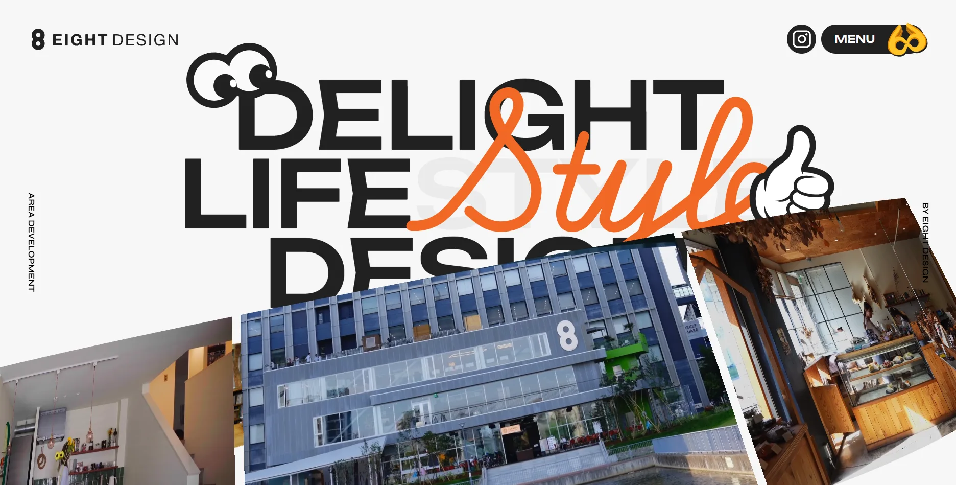 室內設計公司官網參考：日本 EIGHT DESIGN 首頁，巨大黑色英文標語搭橘色手寫體，下方三張傾斜的案場照拼貼