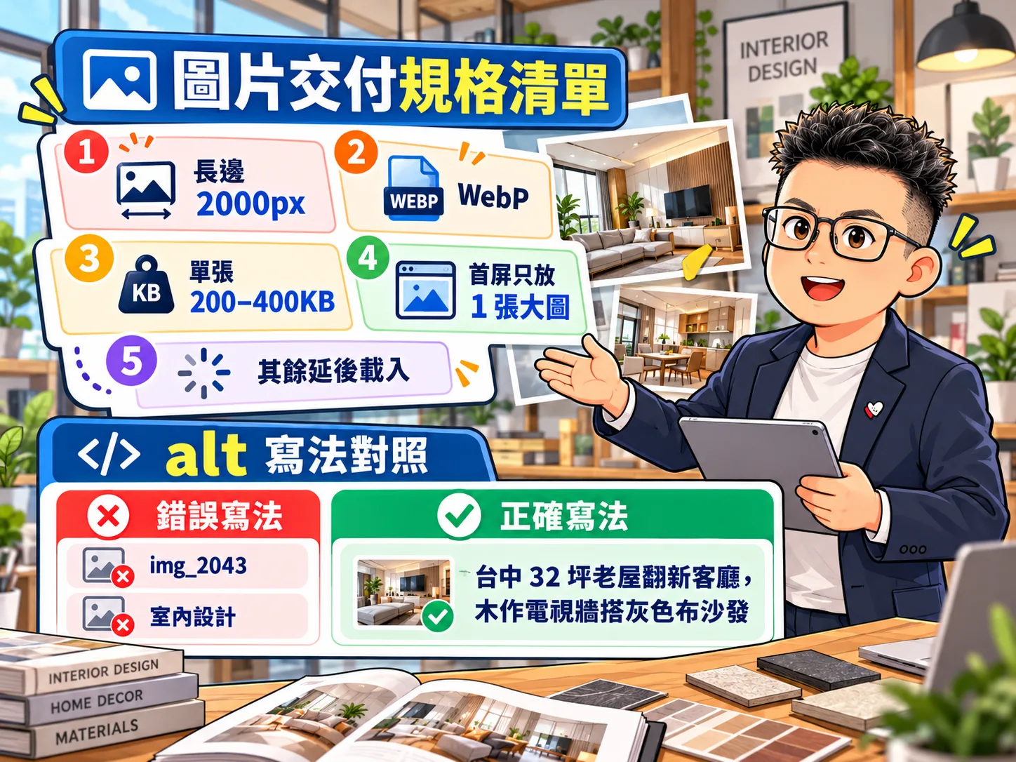 圖片交付規格清單：長邊 2000px、WebP、單張 200–400KB、首屏只放 1 張大圖、其餘延後載入，以及 alt 的錯誤與正確寫法對照