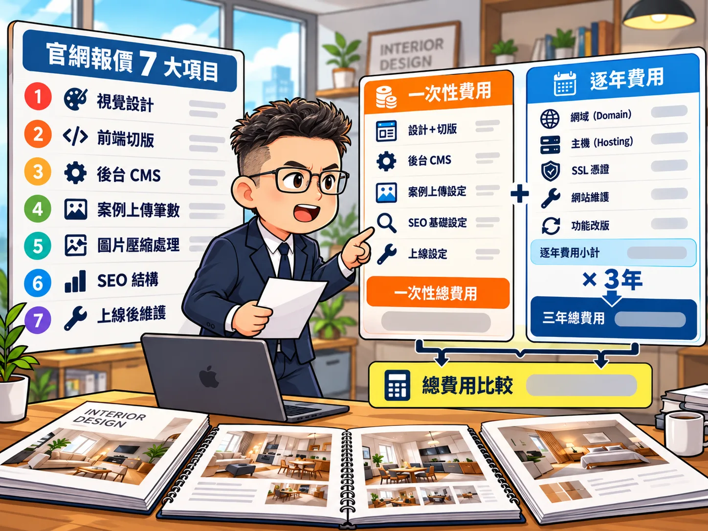 室內設計公司官網報價的 7 大項目與費用結構：一次性費用與逐年費用分開列，再用三年總費用做比較