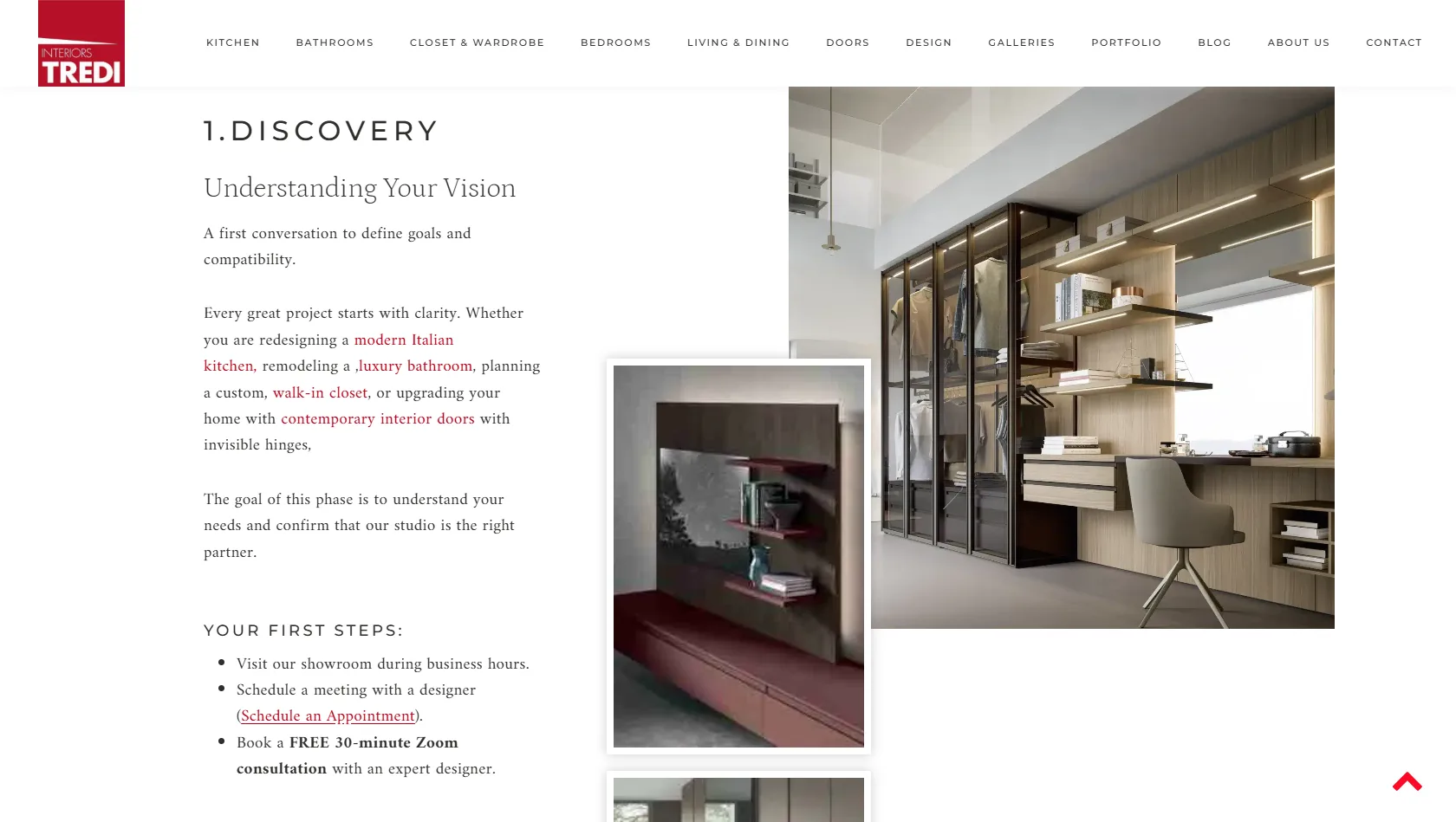 Tredi Interiors 的流程頁 1.DISCOVERY，左文右圖，內文用紅字內鏈帶到廚房、浴室、更衣室等分類頁