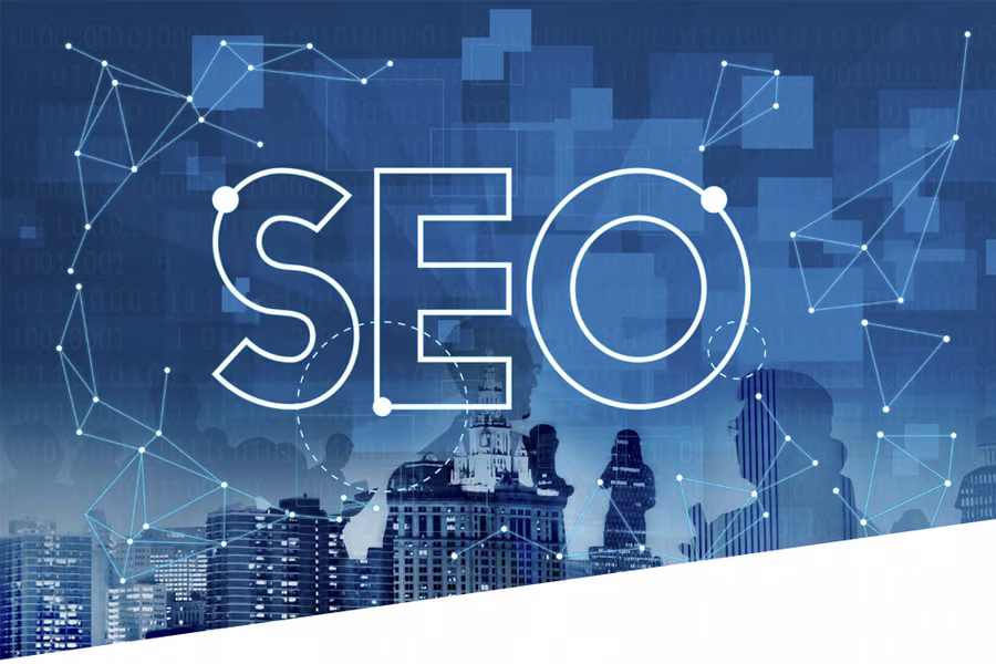 城市天際線上的 SEO 字樣,代表累積的搜尋資產
