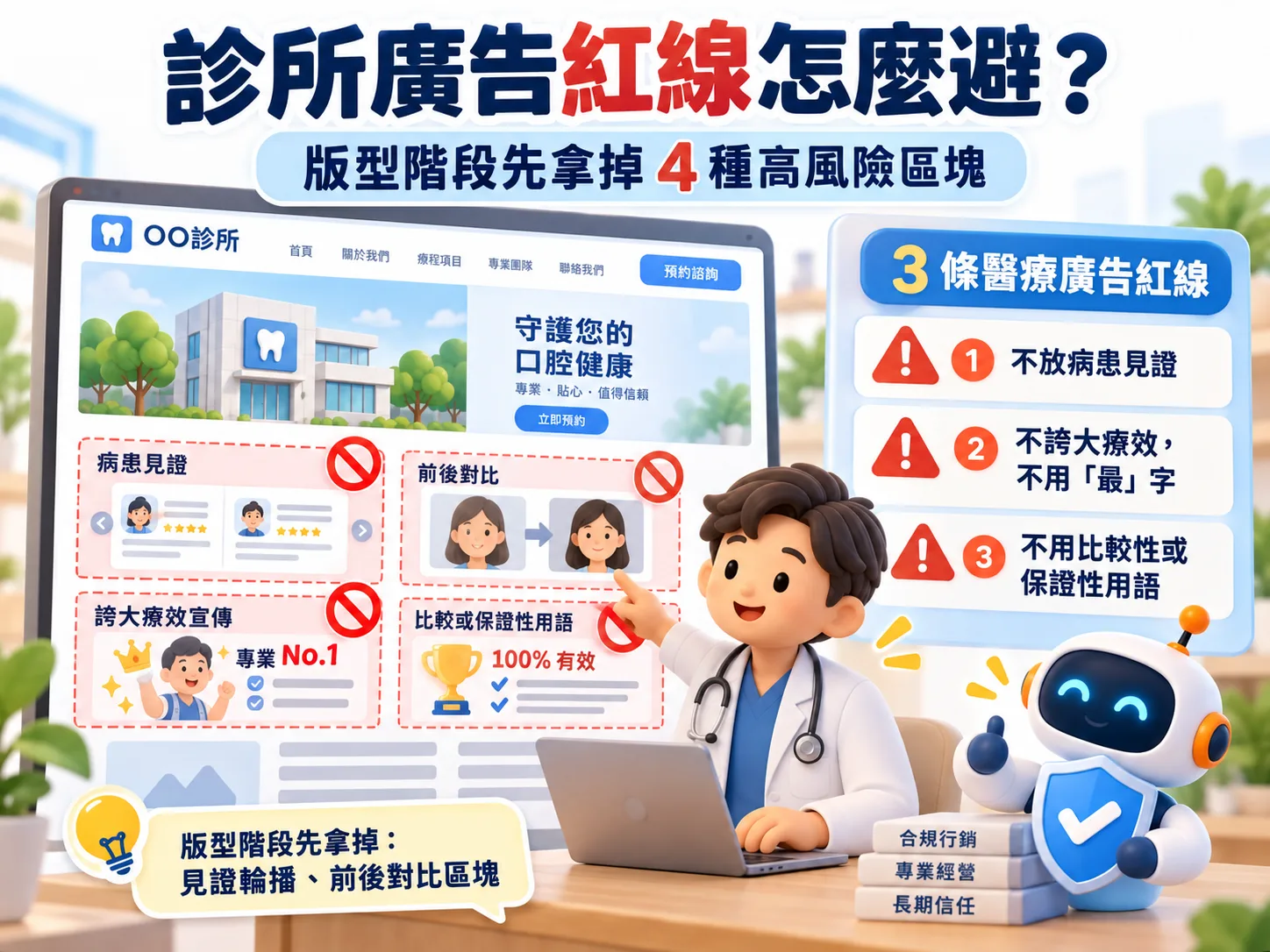 診所官網版型中病患見證、前後對比、誇大療效、比較或保證性用語四種高風險區塊與三條醫療廣告紅線