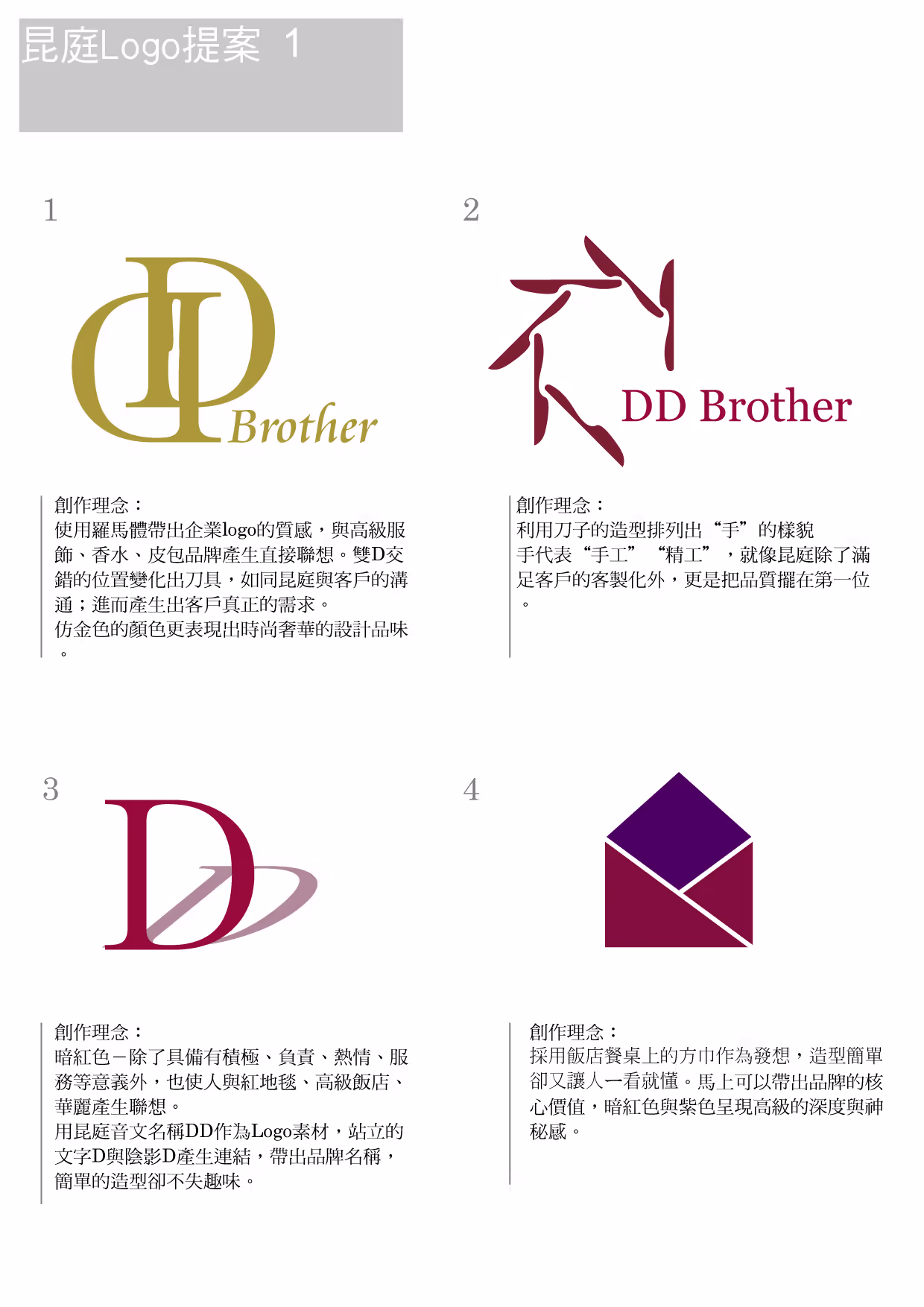 昆庭企業 Logo 第一輪提案,四組方向各附創作理念說明