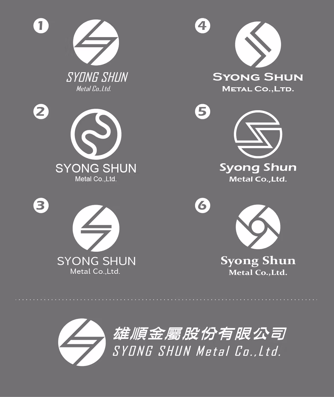 雄順金屬 Logo 六組造型提案與中英文標準組合