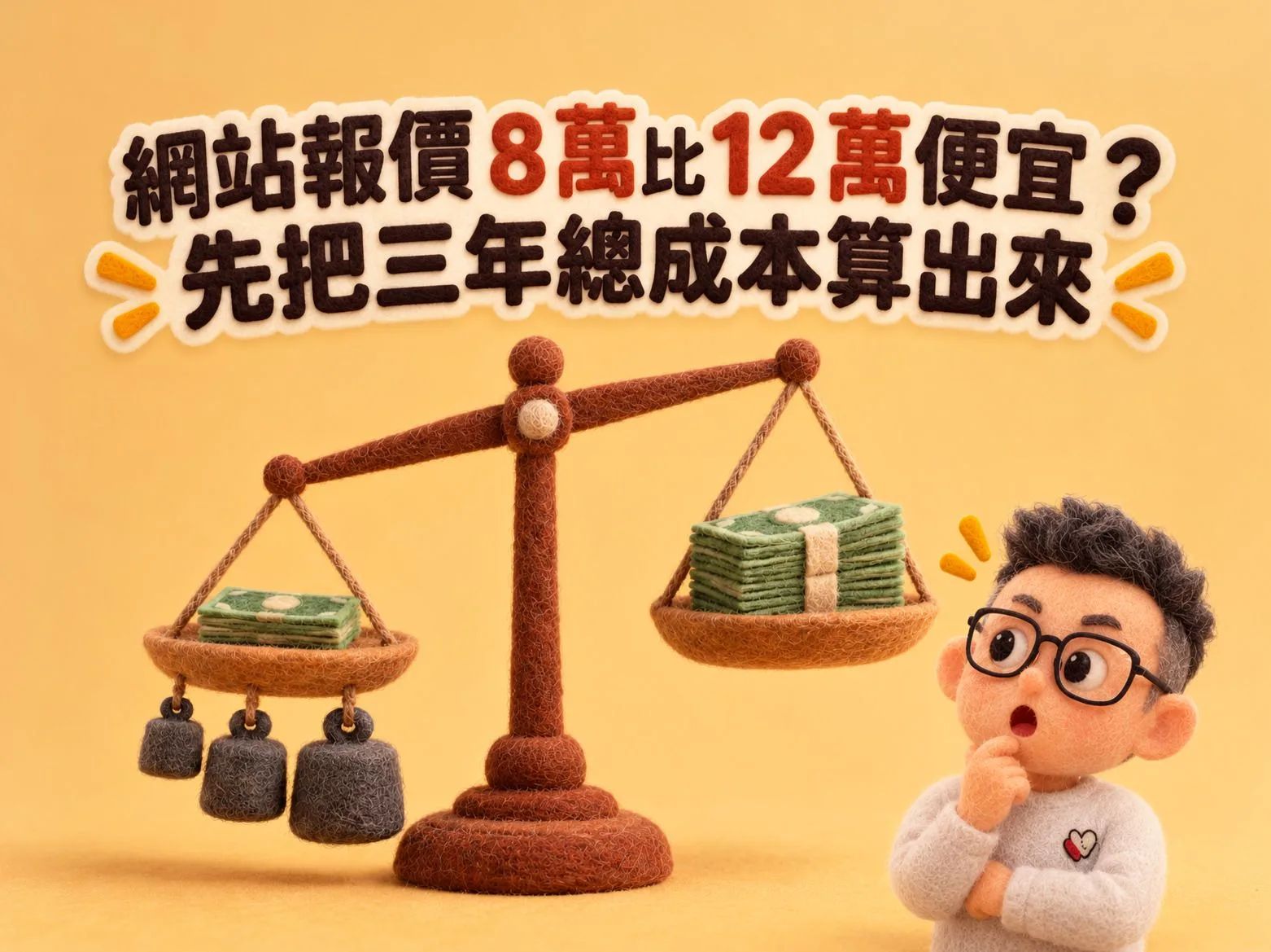 網站報價 8 萬比 12 萬便宜？羊毛氈風格天秤，左盤只放一小疊鈔票卻掛著三個砝碼往下沉，右盤一大疊鈔票反而翹起，戴眼鏡的人物在旁邊驚訝地看著